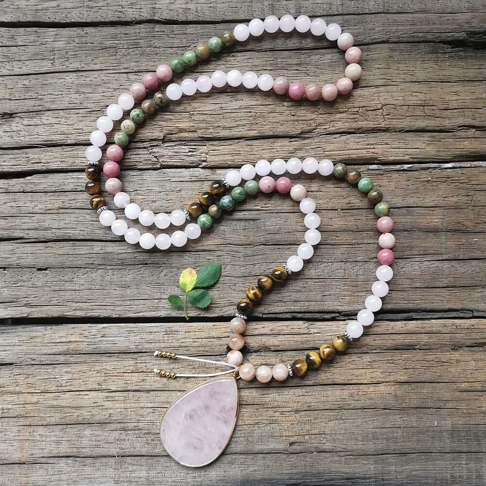 108 Natural Rose Quartz African Turquoise Tiger Eye & Rhodonite Mala Stone Bead Necklace