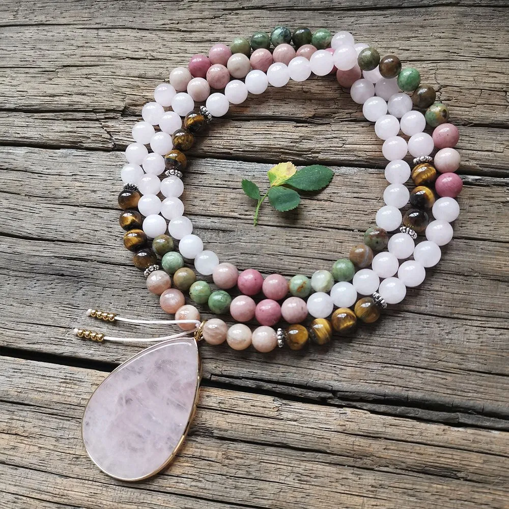 108 Natural Rose Quartz African Turquoise Tiger Eye & Rhodonite Mala Stone Bead Necklace