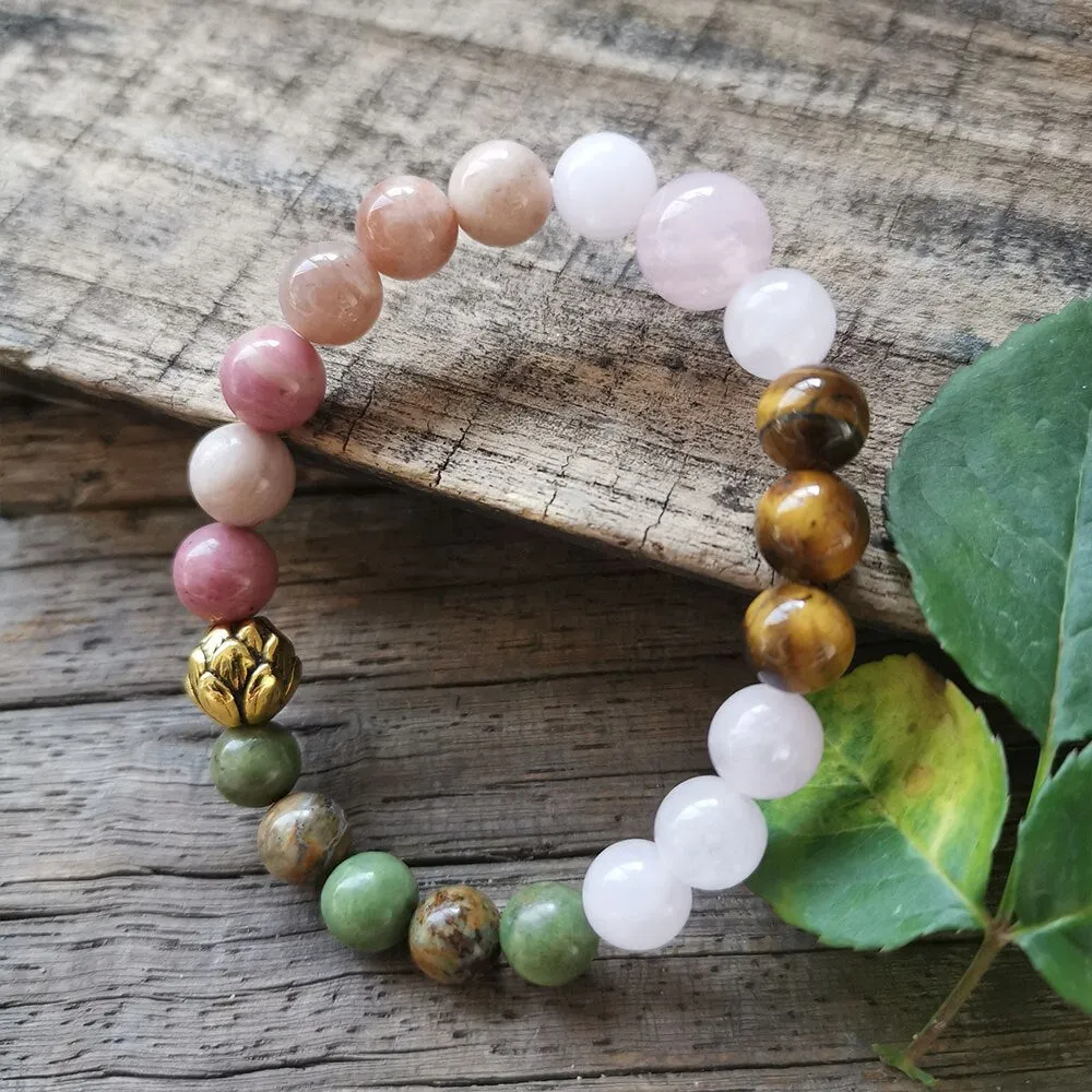 108 Natural Rose Quartz African Turquoise Tiger Eye & Rhodonite Mala Stone Bead Necklace