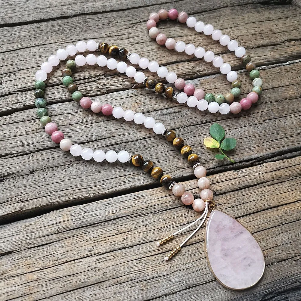 108 Natural Rose Quartz African Turquoise Tiger Eye & Rhodonite Mala Stone Bead Necklace