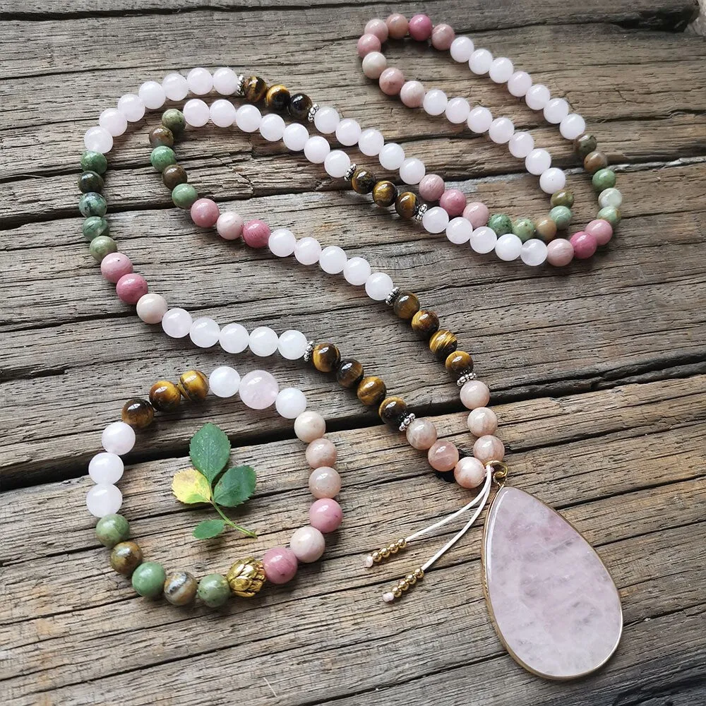 108 Natural Rose Quartz African Turquoise Tiger Eye & Rhodonite Mala Stone Bead Necklace