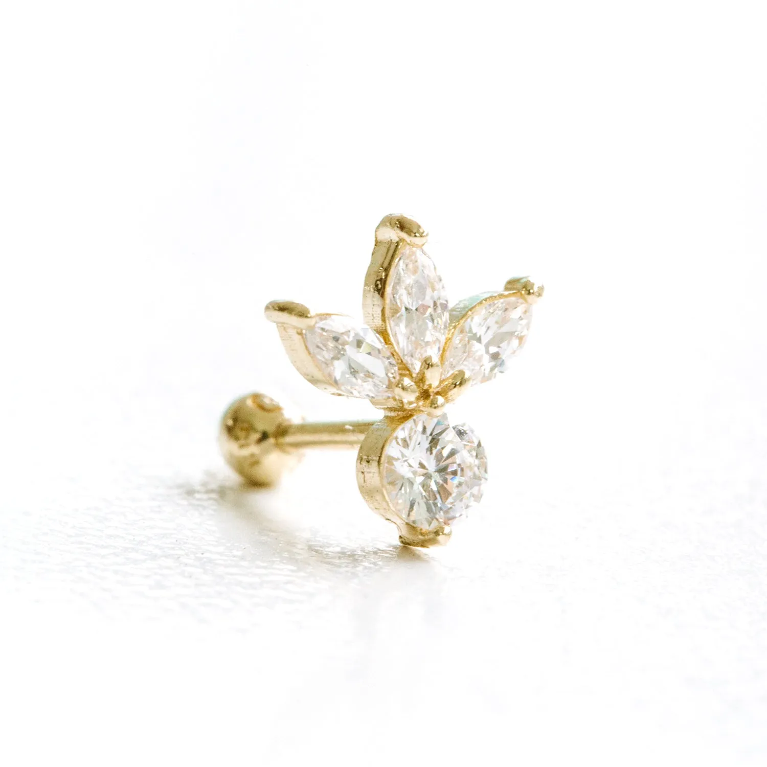 14k Gold Cubic Royal Tiara Flower Barbell Ear Stud Piercing