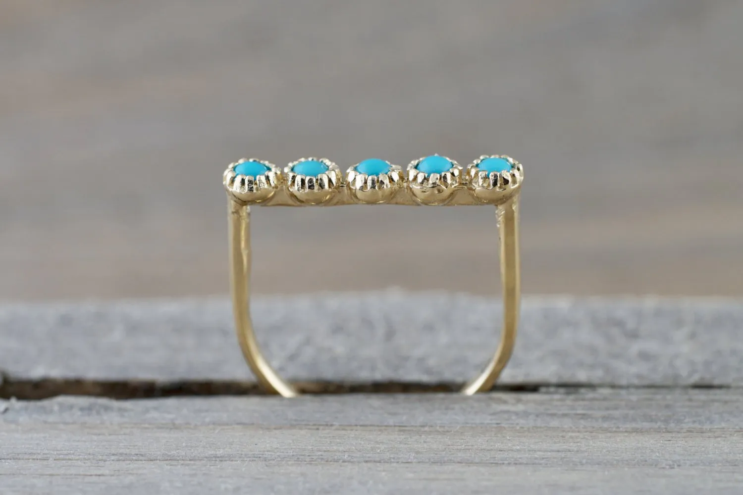 14k Yellow Gold Blue Turquoise Milgrain Stackable Ring