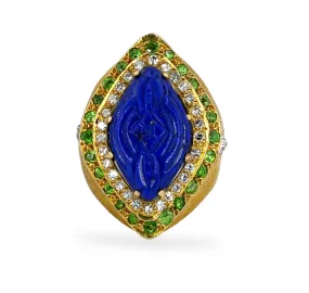 18k solid vintage yellow gold oval lapis lazuli carving diamonds round saborite ring