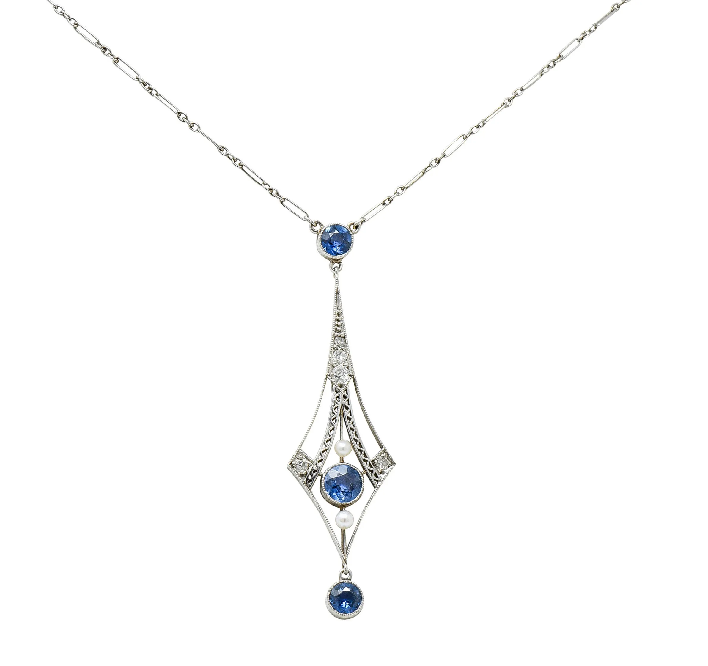 1920's Art Deco Pearl 1.00 CTW Sapphire Diamond Platinum Navette Necklace