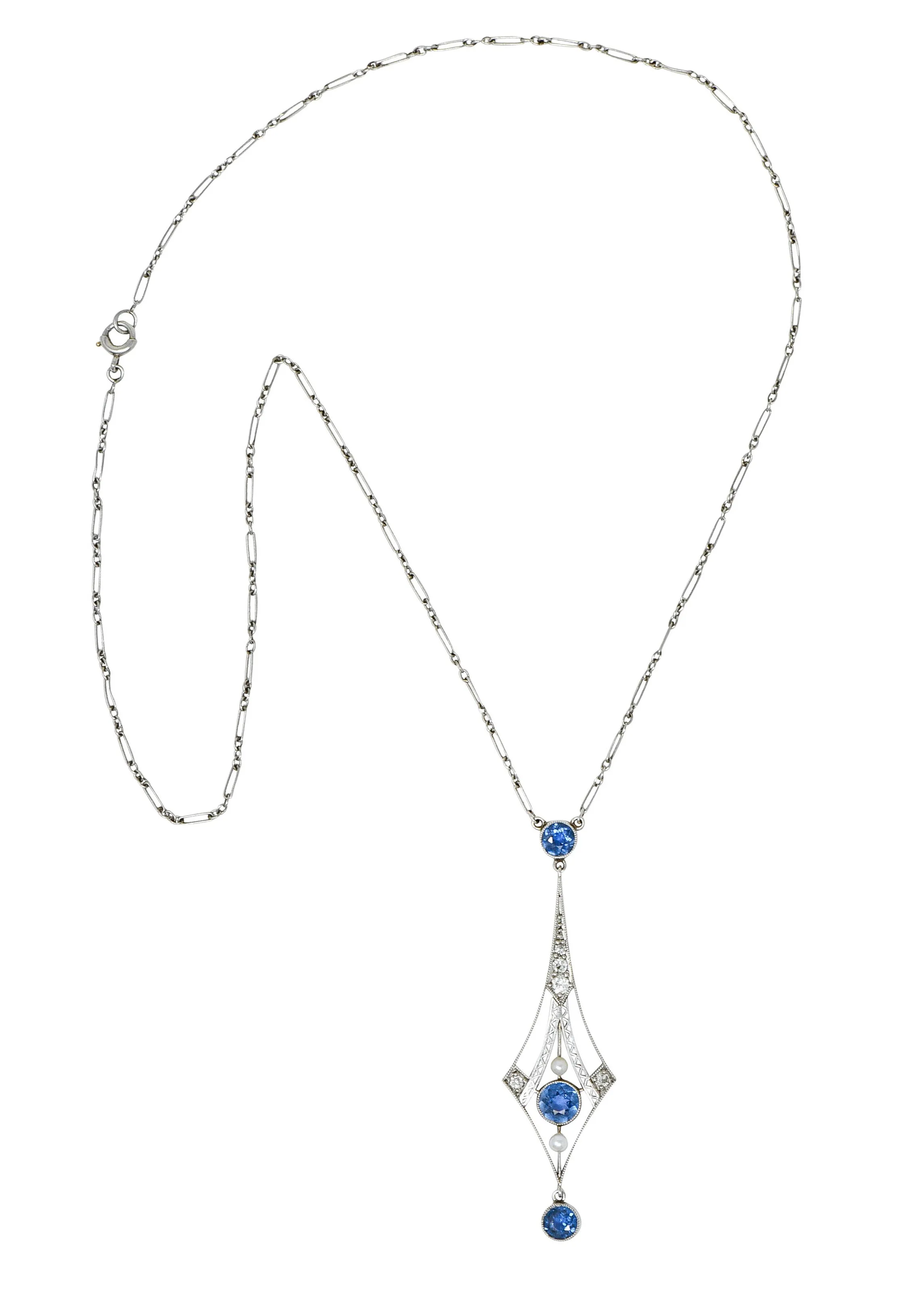 1920's Art Deco Pearl 1.00 CTW Sapphire Diamond Platinum Navette Necklace