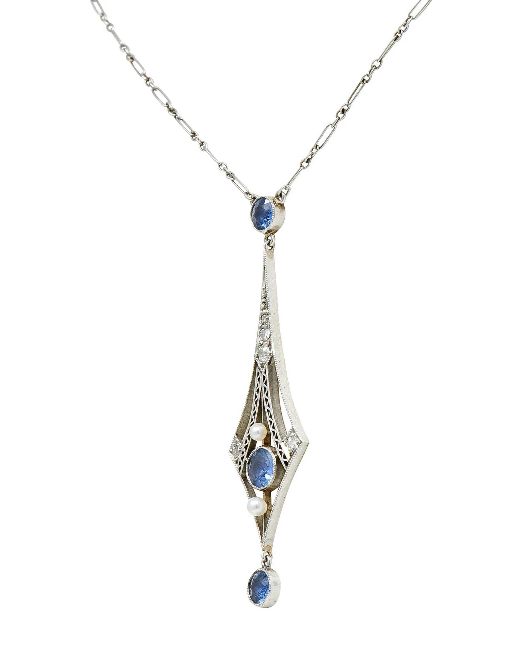 1920's Art Deco Pearl 1.00 CTW Sapphire Diamond Platinum Navette Necklace