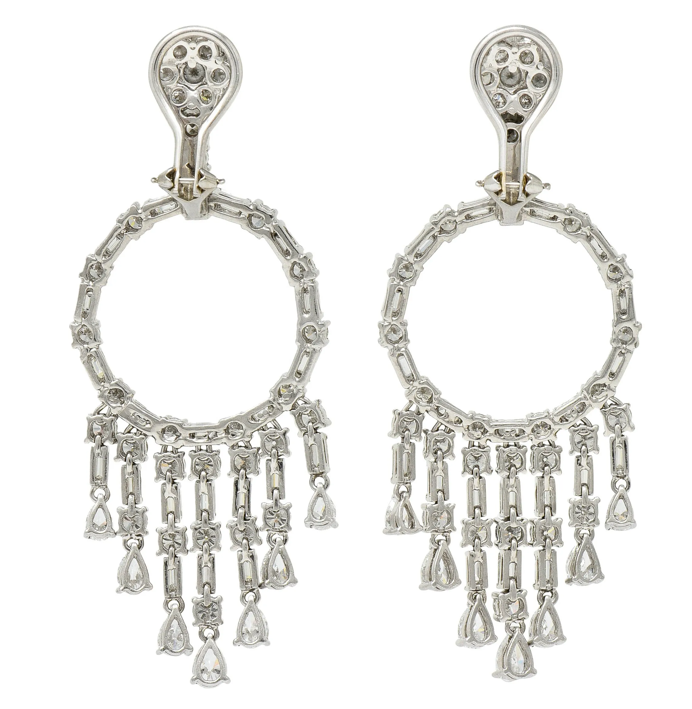 1950's Mid-Century 12.00 CTW Diamond 18 Karat White Gold Circle Tassel Ear-Clip Earrings