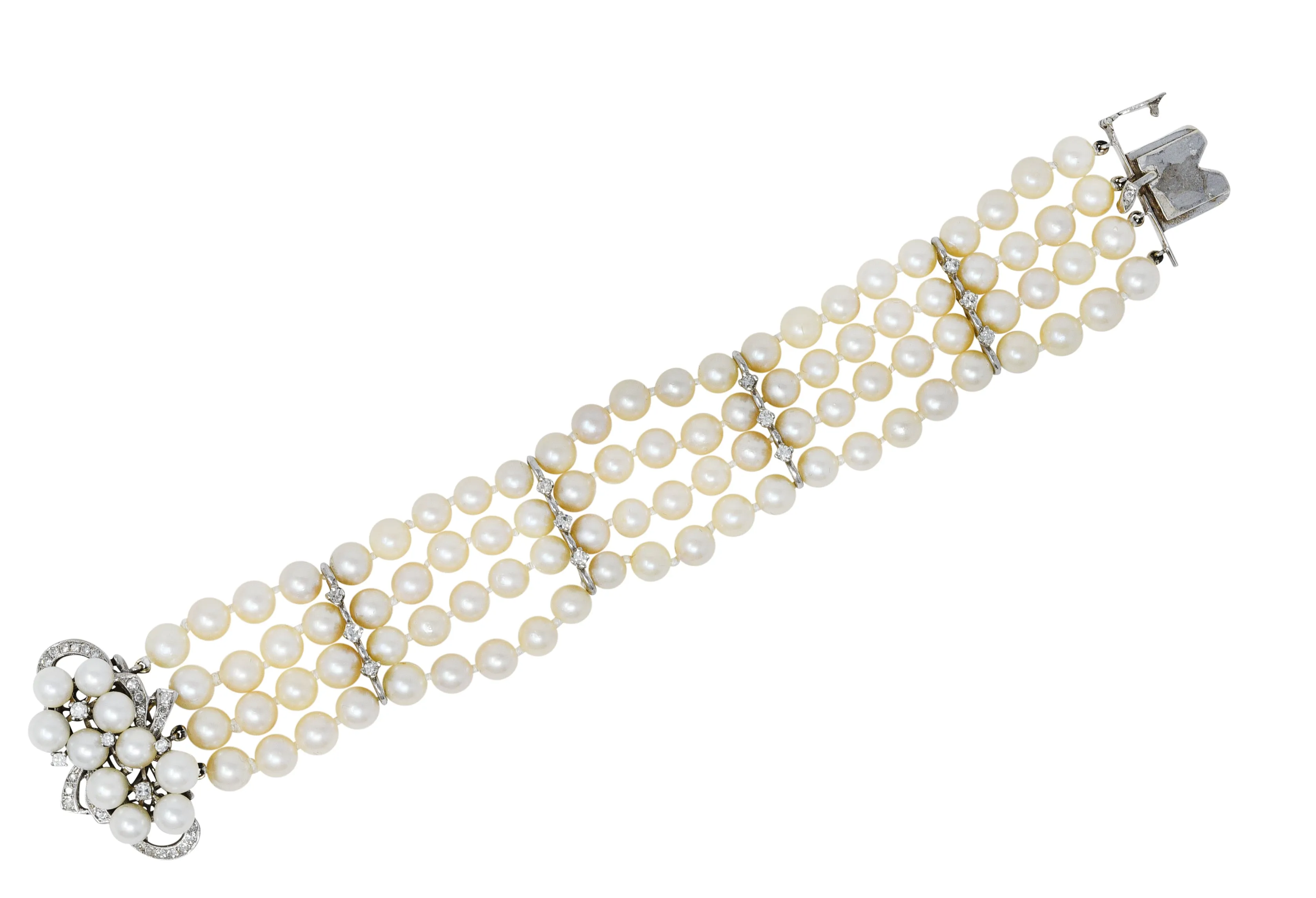 1950's Mid-Century Pearl 1.25 CTW Diamond 14 Karat White Gold Multi-Strand Bracelet