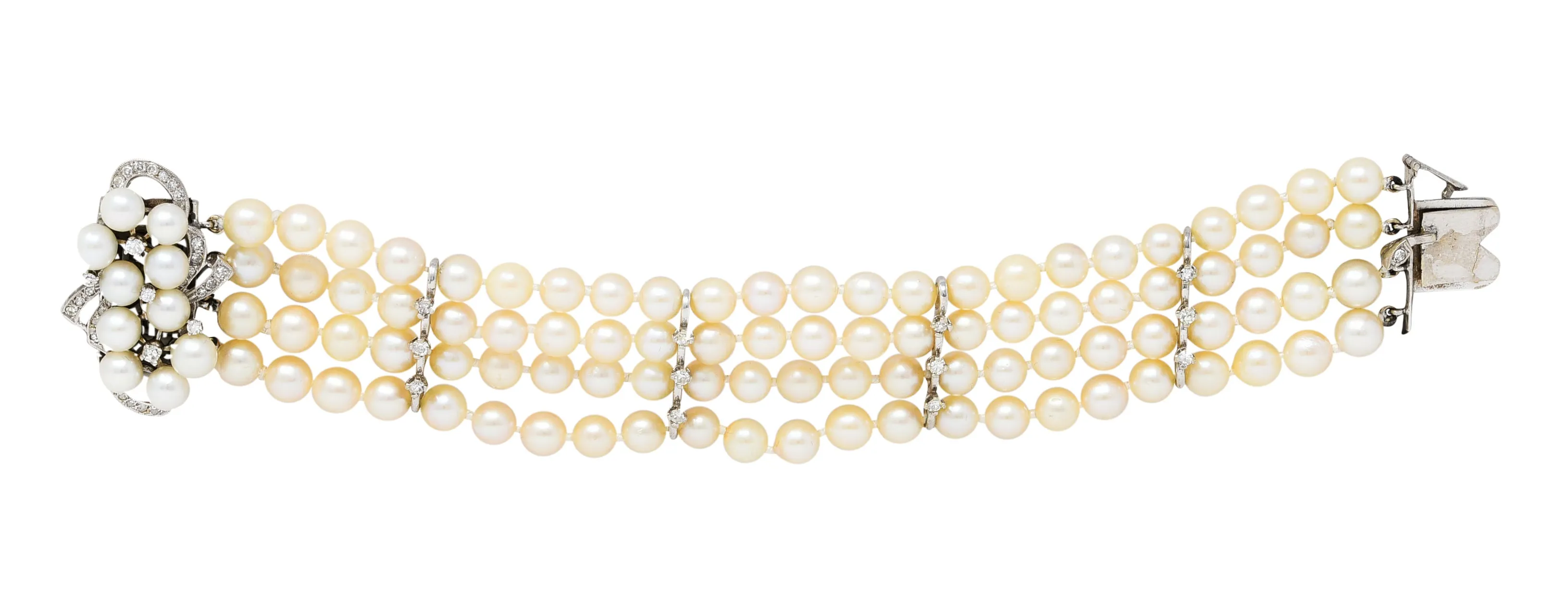 1950's Mid-Century Pearl 1.25 CTW Diamond 14 Karat White Gold Multi-Strand Bracelet