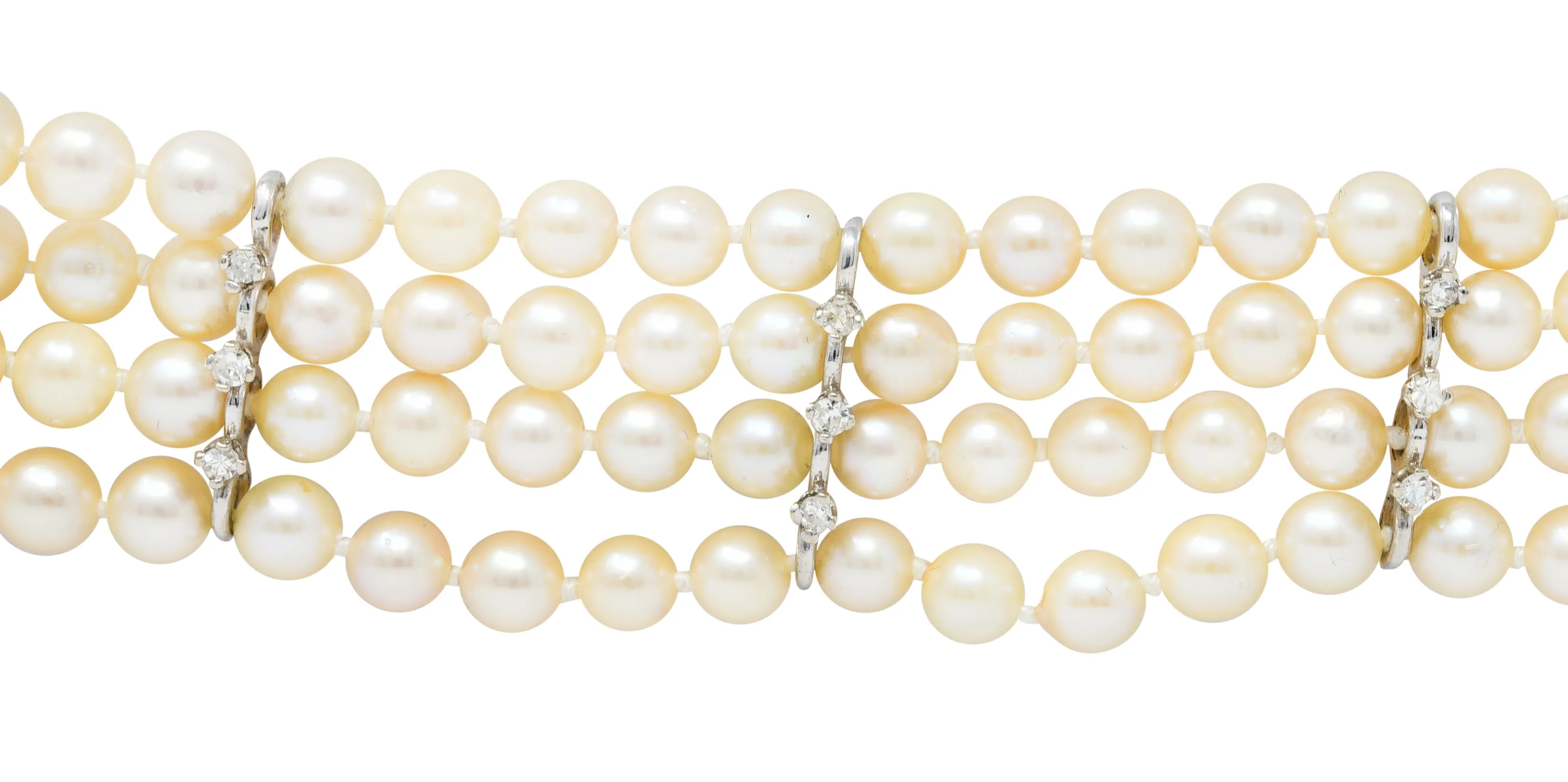 1950's Mid-Century Pearl 1.25 CTW Diamond 14 Karat White Gold Multi-Strand Bracelet