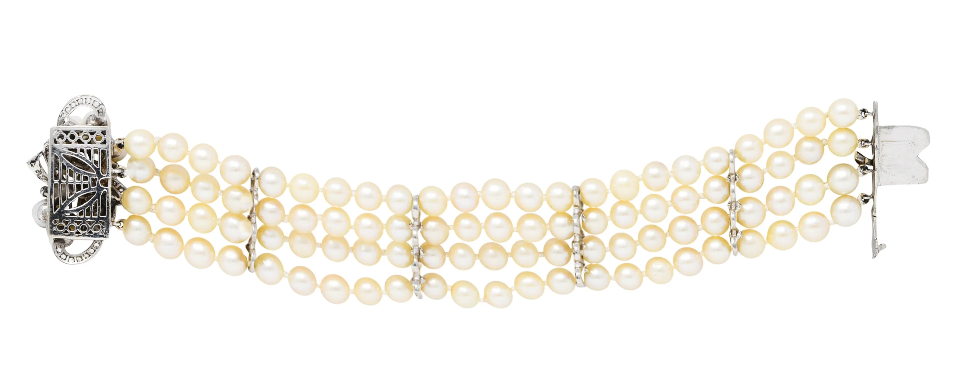 1950's Mid-Century Pearl 1.25 CTW Diamond 14 Karat White Gold Multi-Strand Bracelet