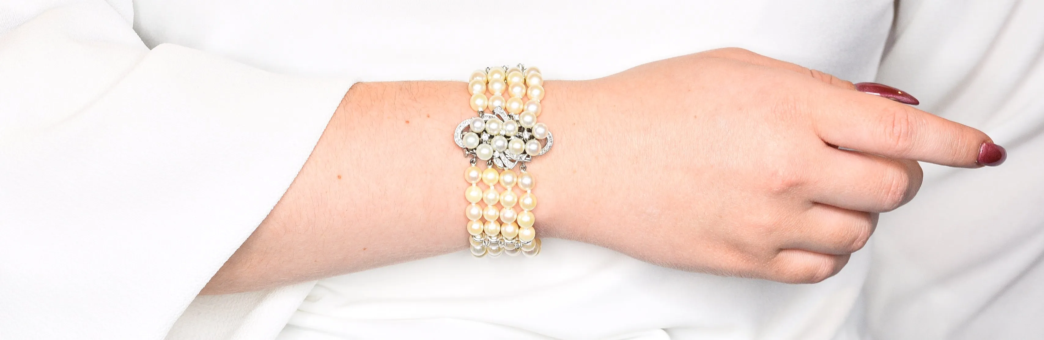 1950's Mid-Century Pearl 1.25 CTW Diamond 14 Karat White Gold Multi-Strand Bracelet