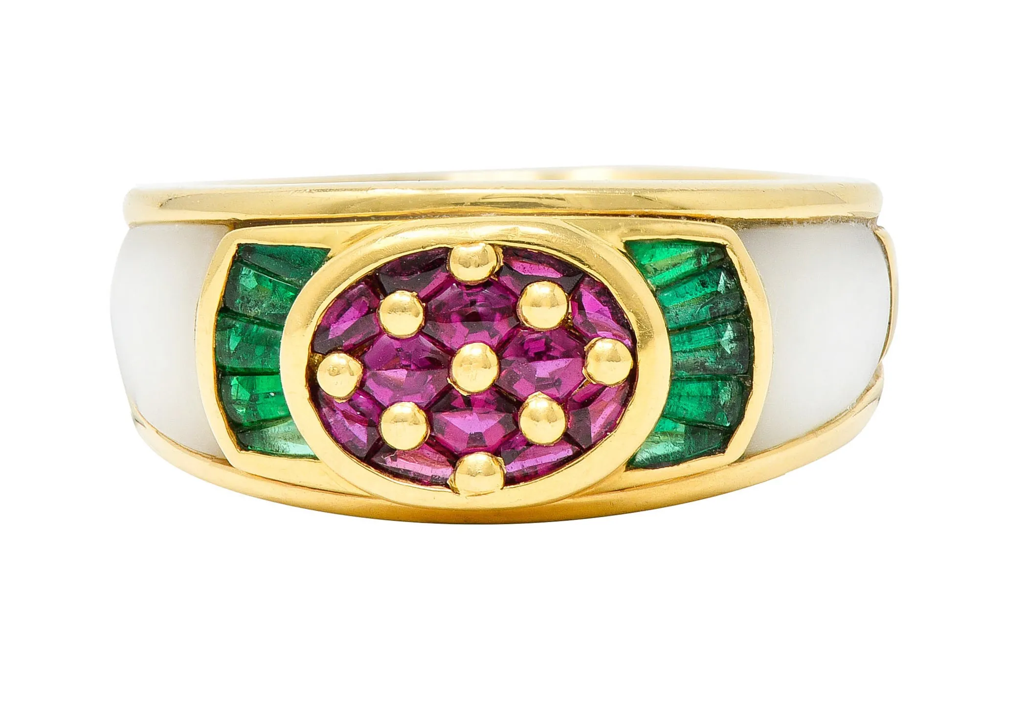 1990s Mauboussin Paris Ruby Emerald Mother-Of-Pearl 18 Karat Gold Band Ring