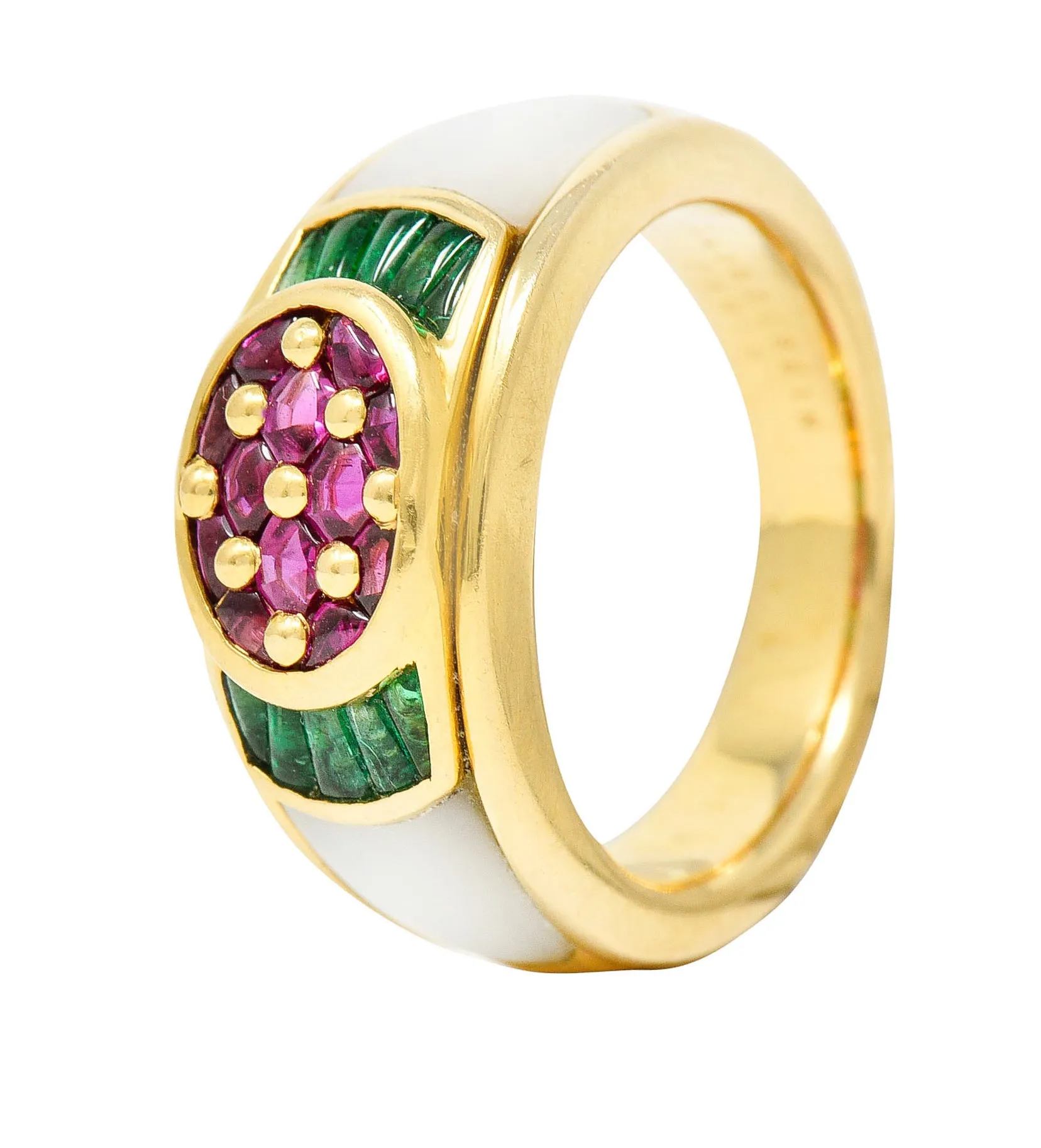 1990s Mauboussin Paris Ruby Emerald Mother-Of-Pearl 18 Karat Gold Band Ring