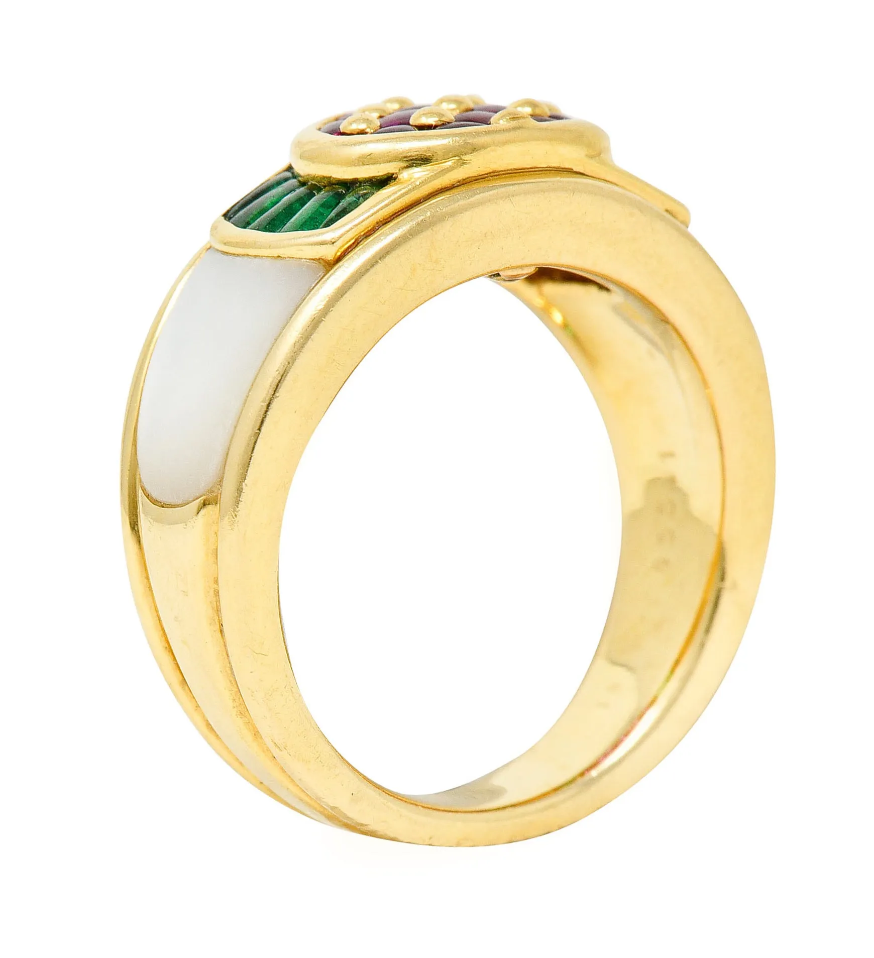 1990s Mauboussin Paris Ruby Emerald Mother-Of-Pearl 18 Karat Gold Band Ring