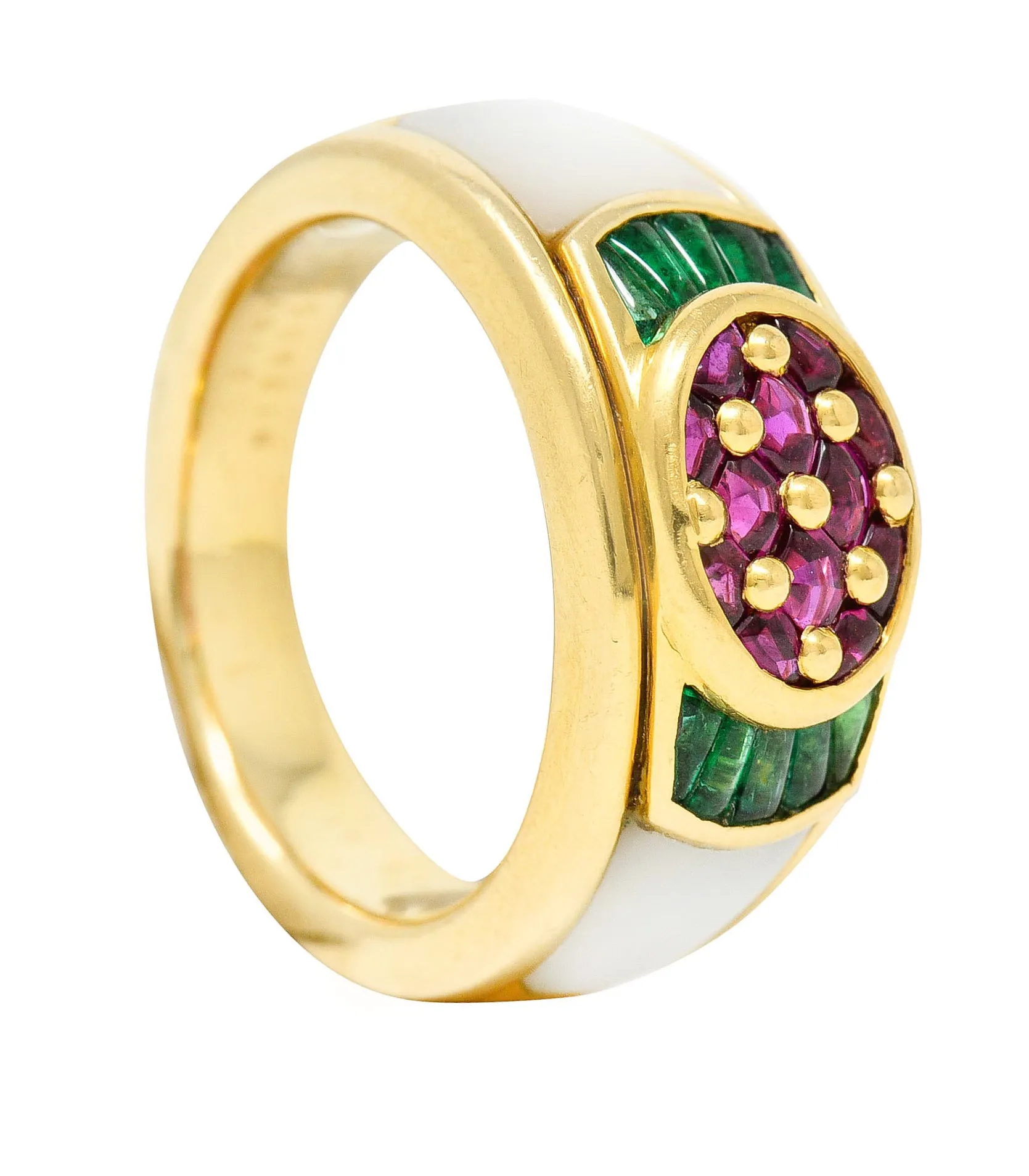 1990s Mauboussin Paris Ruby Emerald Mother-Of-Pearl 18 Karat Gold Band Ring