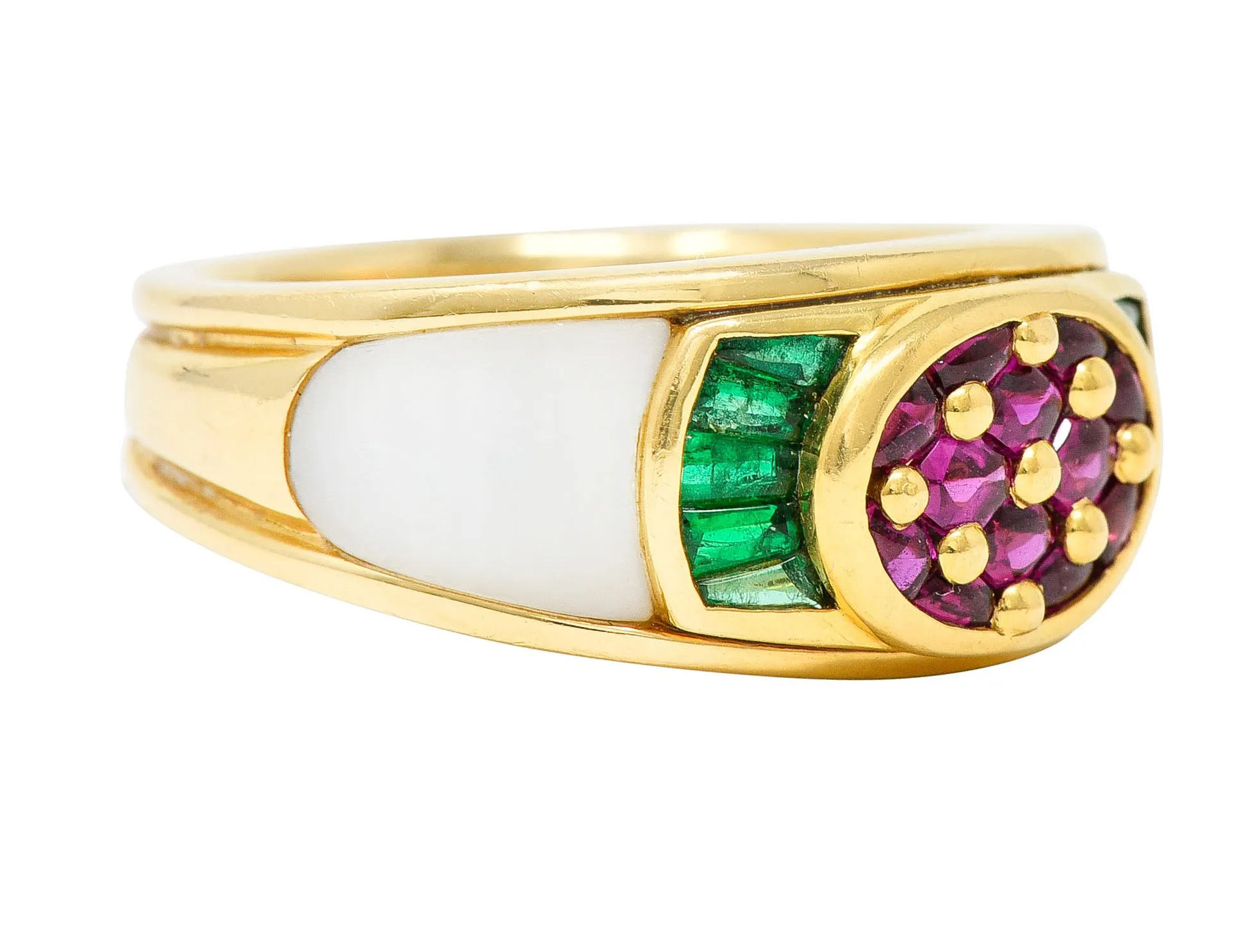 1990s Mauboussin Paris Ruby Emerald Mother-Of-Pearl 18 Karat Gold Band Ring