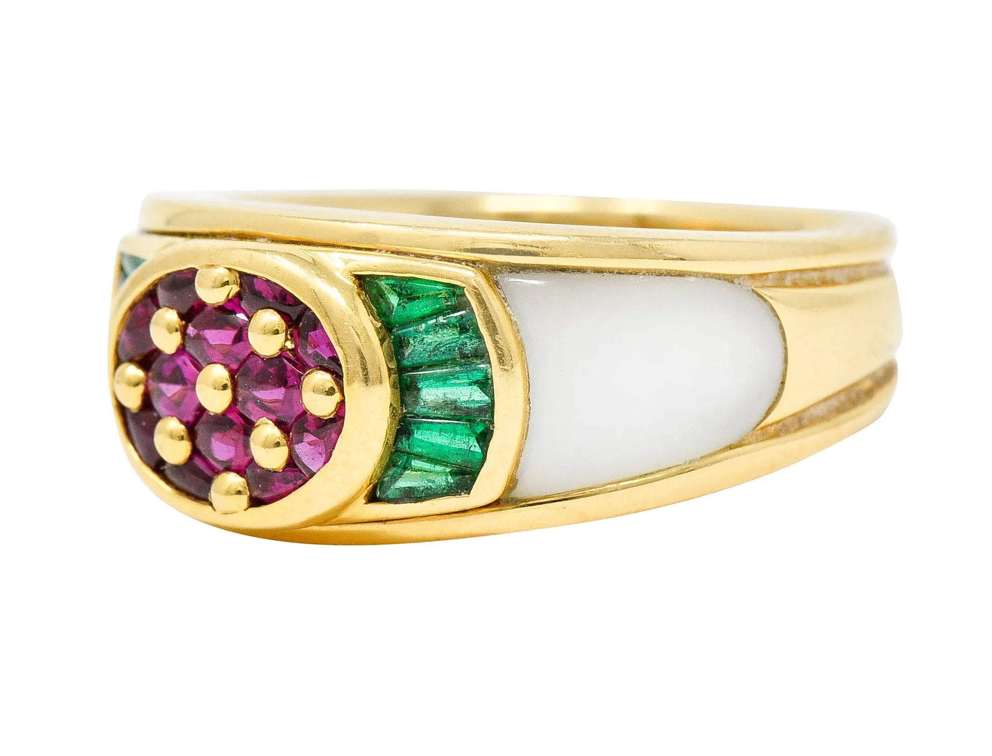 1990s Mauboussin Paris Ruby Emerald Mother-Of-Pearl 18 Karat Gold Band Ring