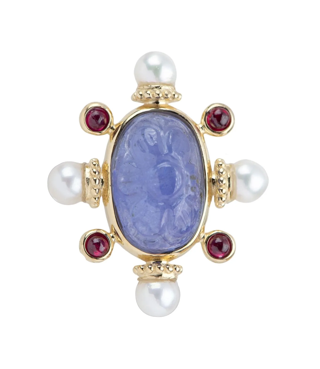 3.33ct Purple Tanzanite Carving Pendant 14K Yellow Gold Bezel Set Cabochon Ruby Pearl Hook AD2081-1