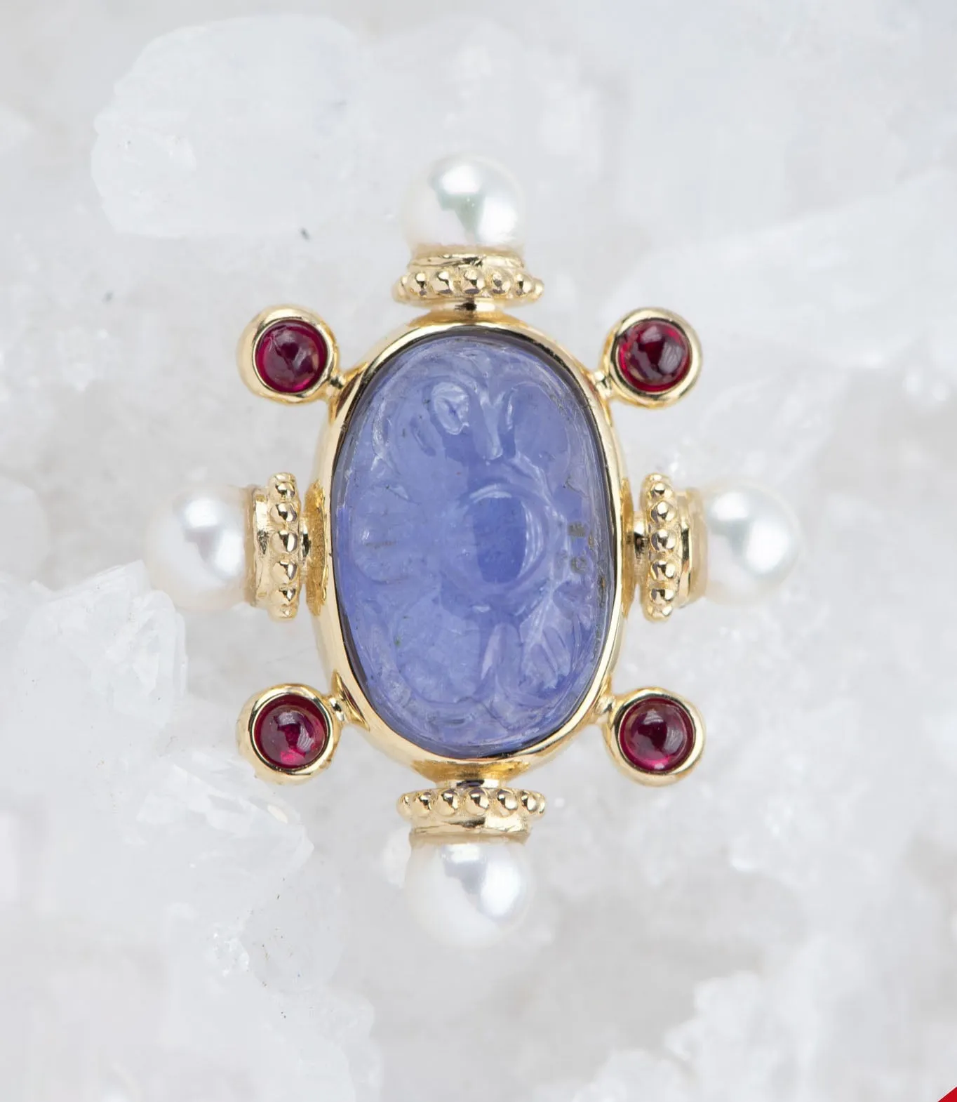 3.33ct Purple Tanzanite Carving Pendant 14K Yellow Gold Bezel Set Cabochon Ruby Pearl Hook AD2081-1