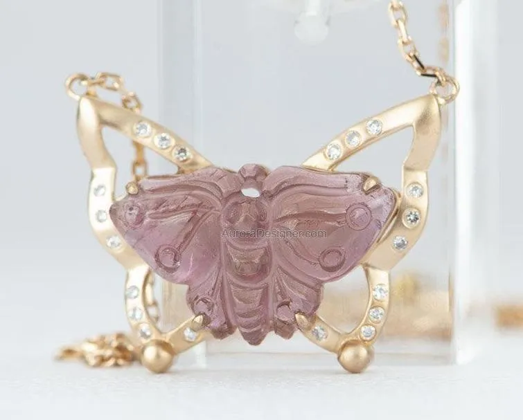 4.22ct Butterfly Tourmaline Carving 17 Necklace 18K Rose Gold AD1560