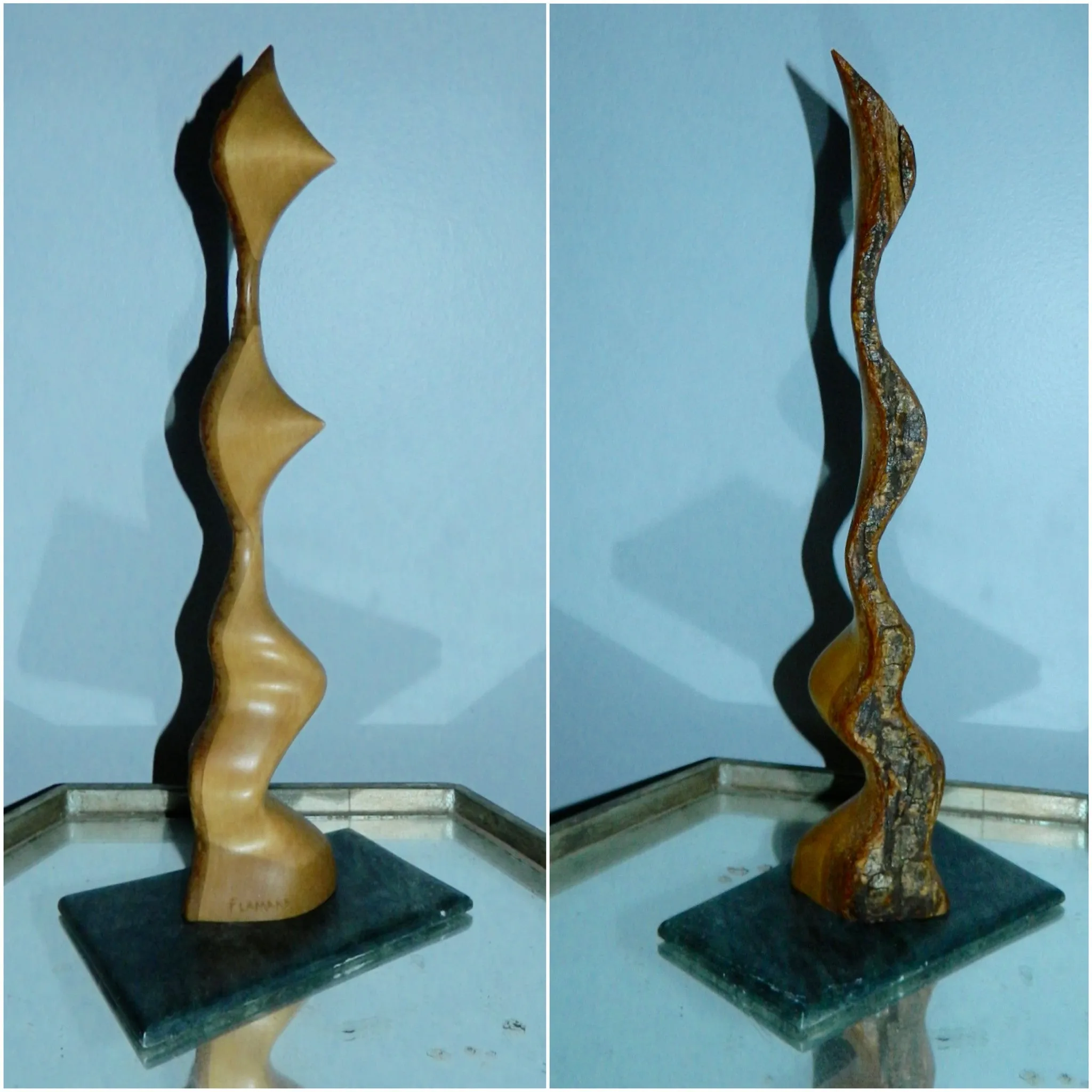 abstract moderne Alain Flamand maple wood sculpture stone base vintage wood carving Quebec artist