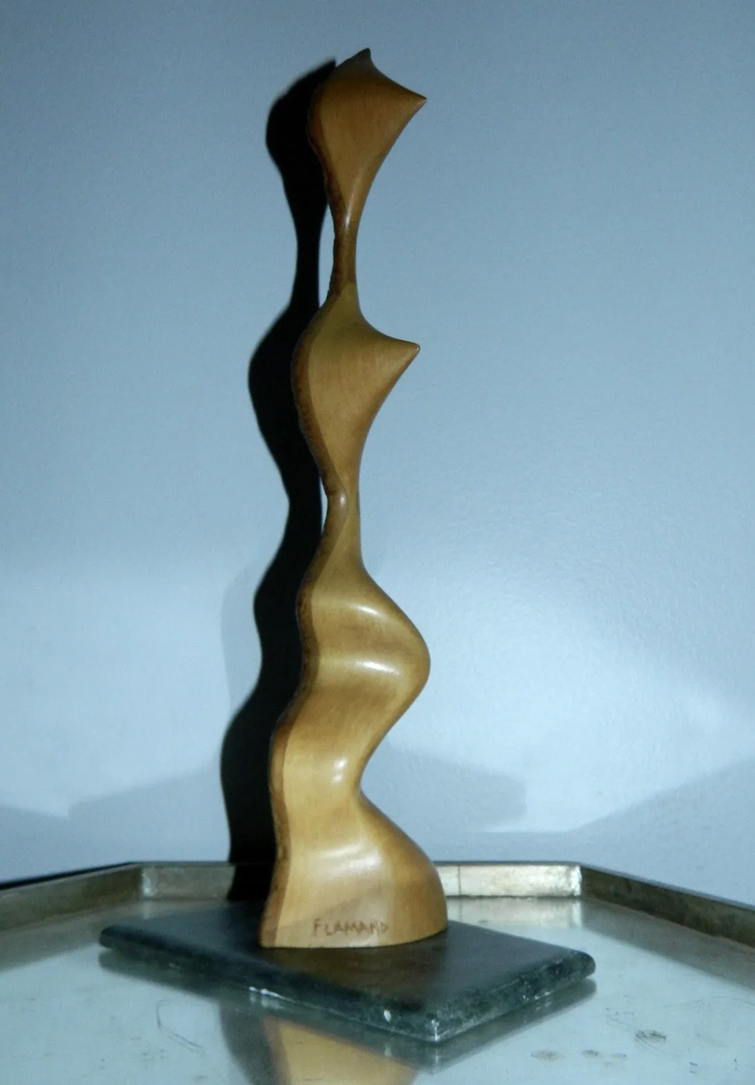 abstract moderne Alain Flamand maple wood sculpture stone base vintage wood carving Quebec artist