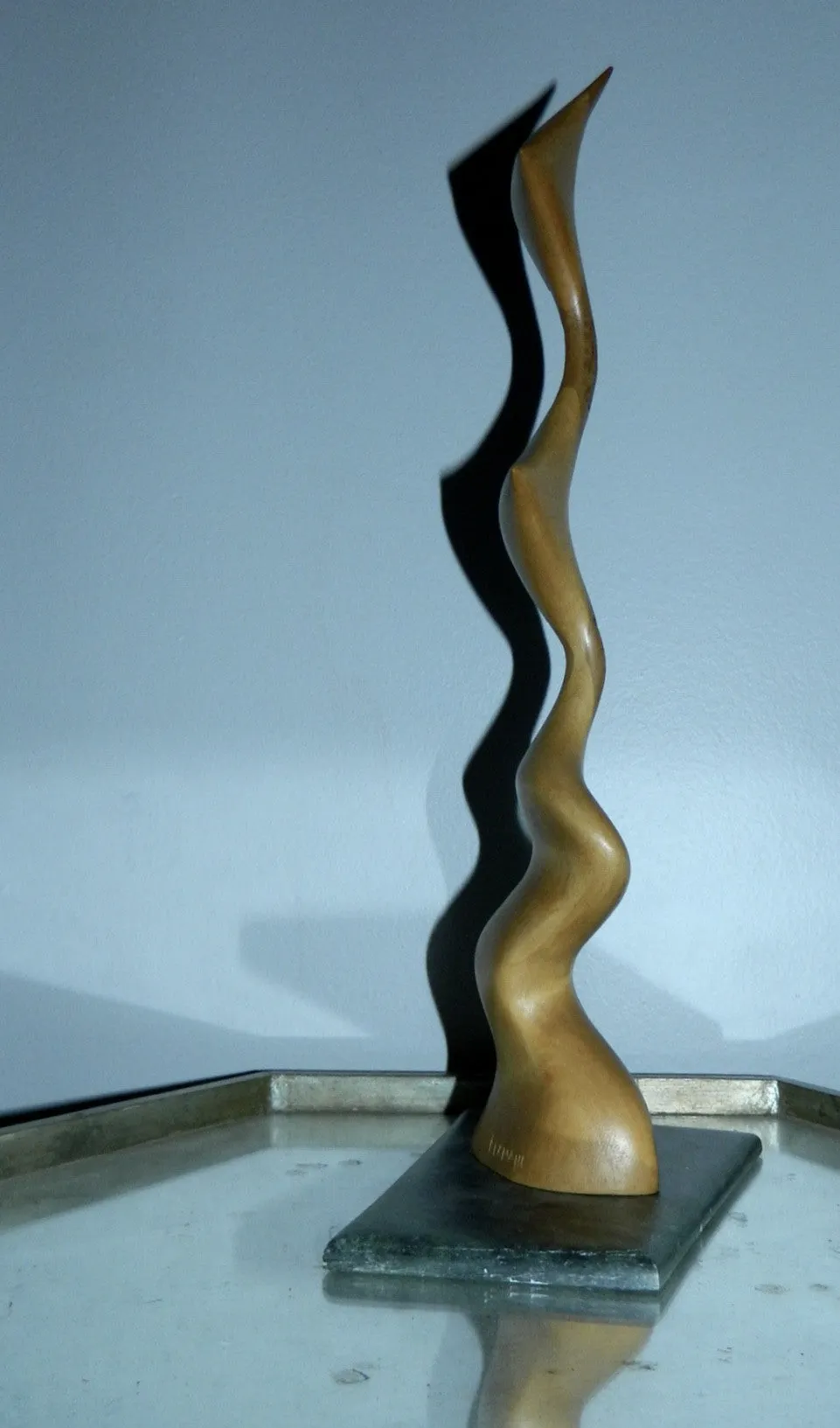 abstract moderne Alain Flamand maple wood sculpture stone base vintage wood carving Quebec artist