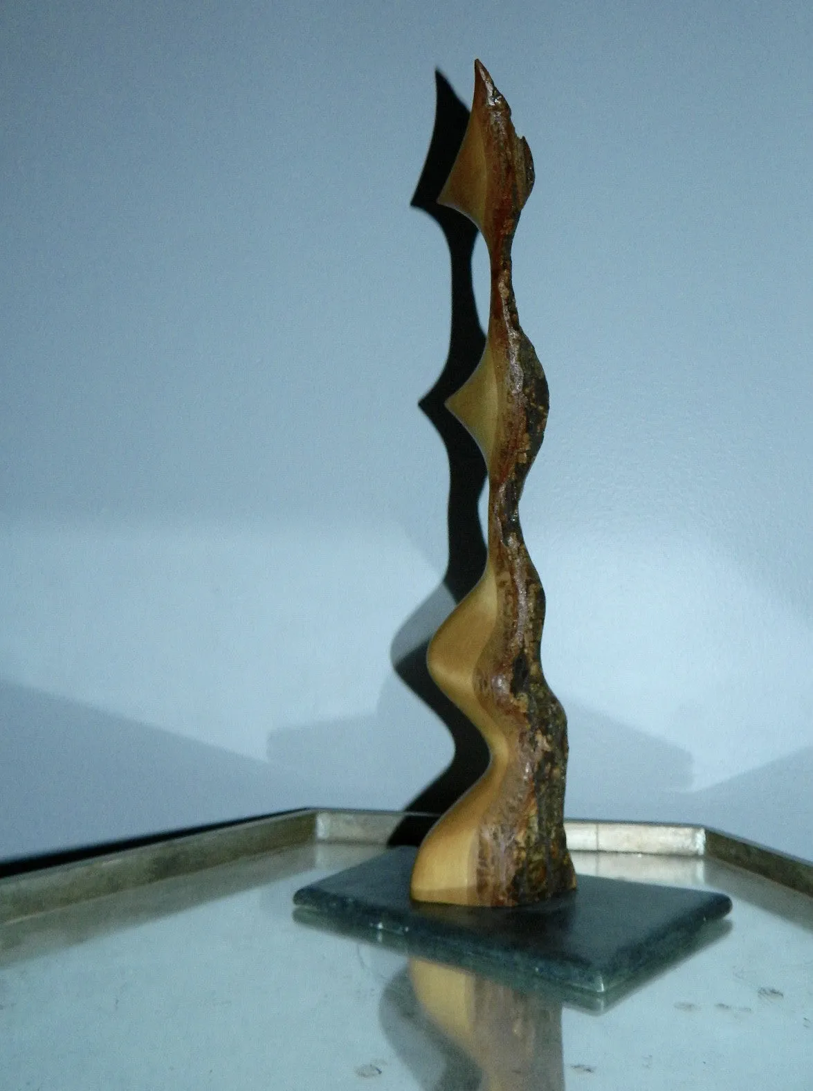 abstract moderne Alain Flamand maple wood sculpture stone base vintage wood carving Quebec artist