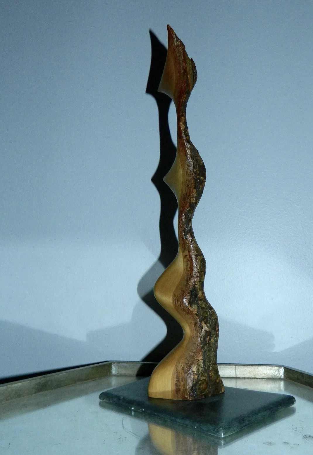 abstract moderne Alain Flamand maple wood sculpture stone base vintage wood carving Quebec artist