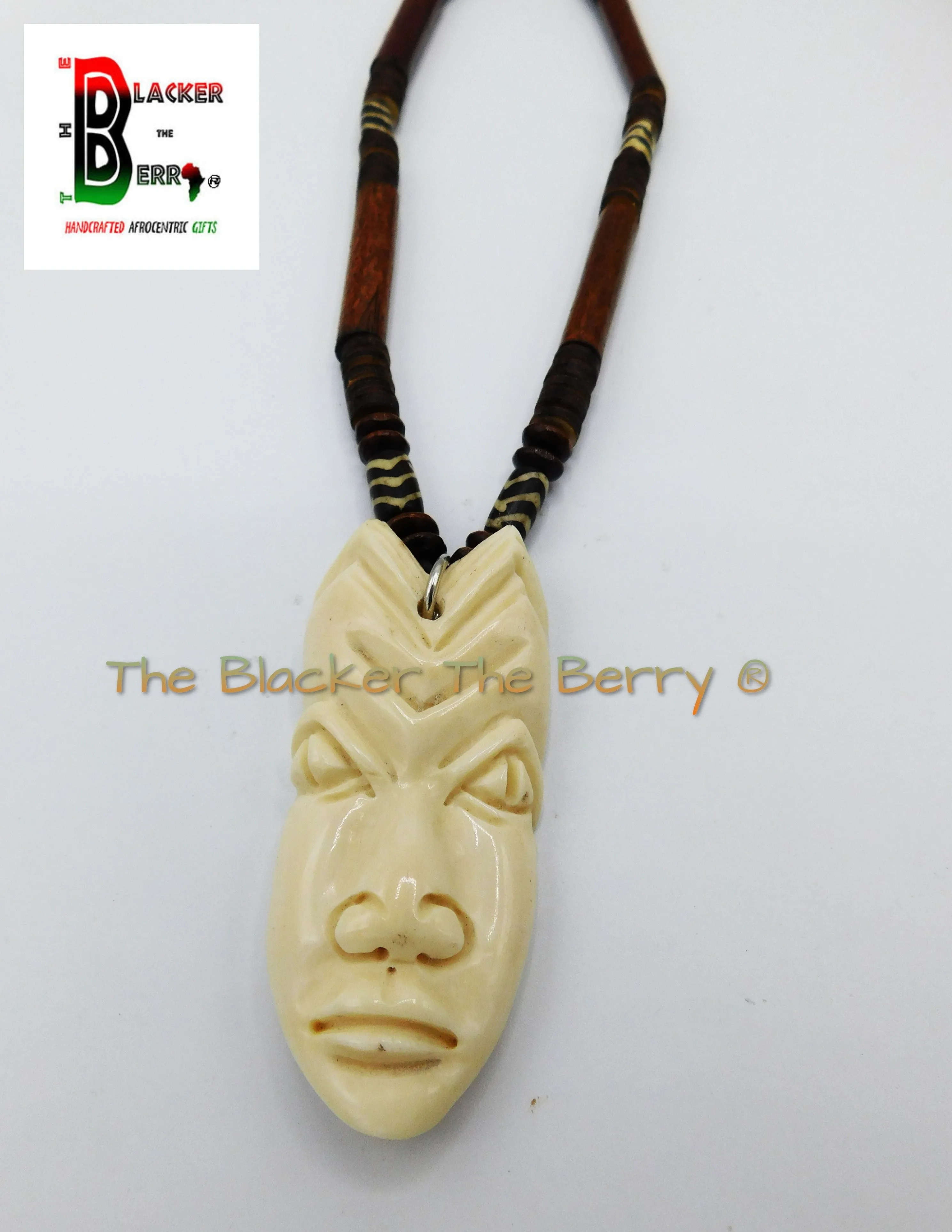 African Mask Necklace Beaded Jewelry Long Wooden Carved OOAK Black Owned