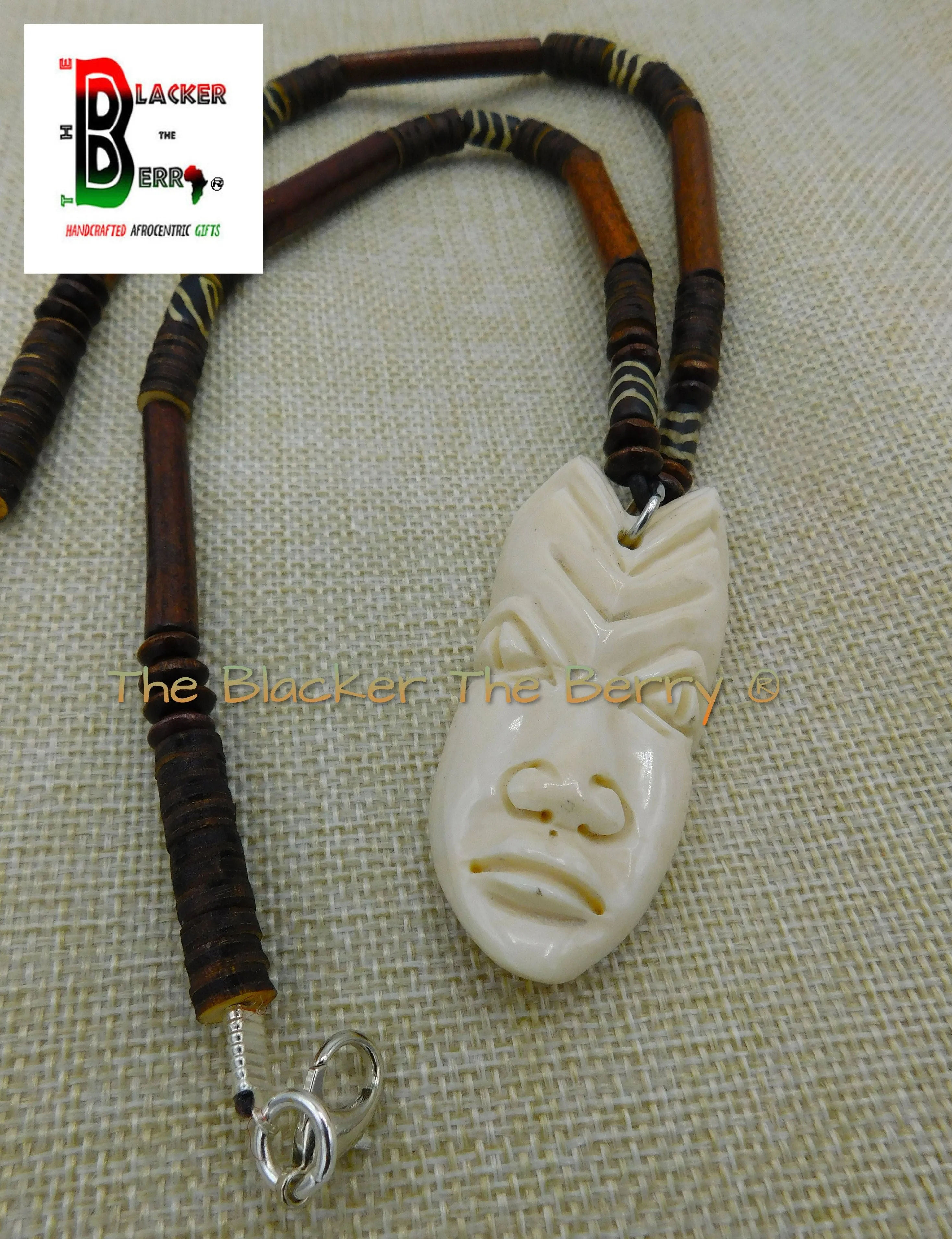 African Mask Necklace Beaded Jewelry Long Wooden Carved OOAK Black Owned