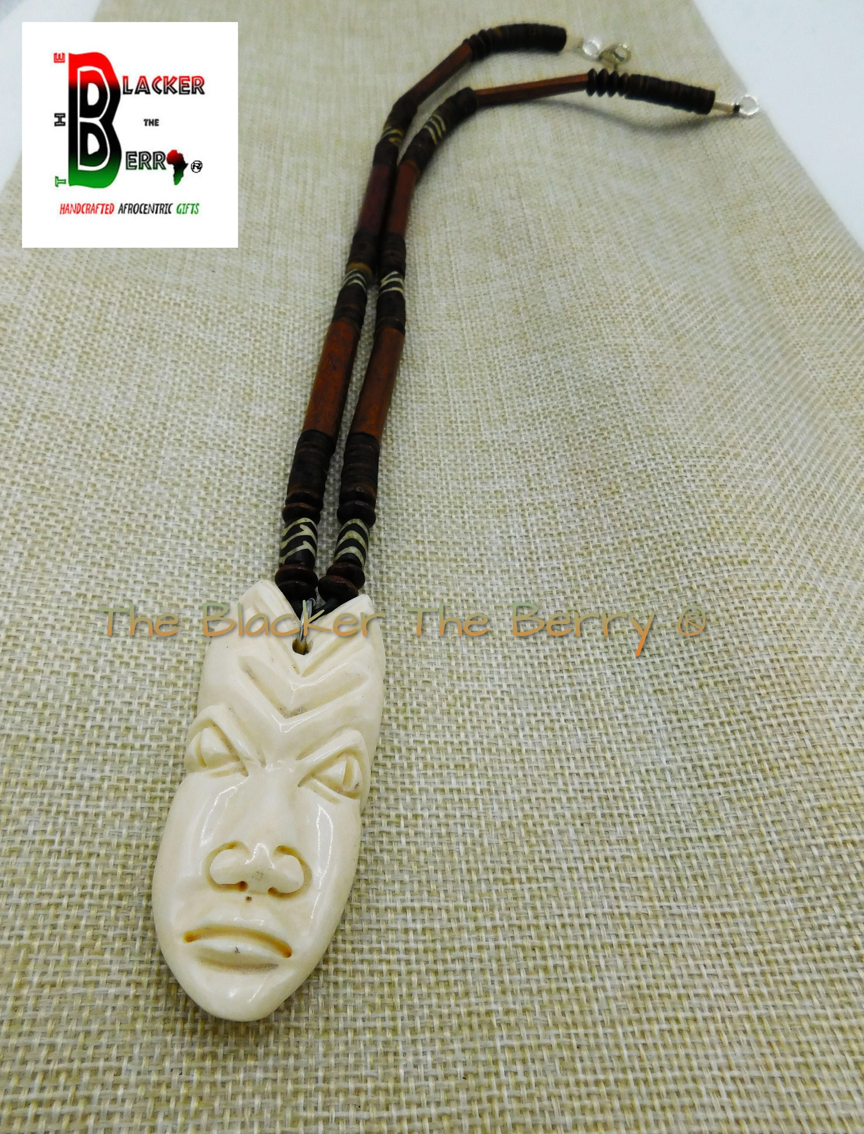 African Mask Necklace Beaded Jewelry Long Wooden Carved OOAK Black Owned