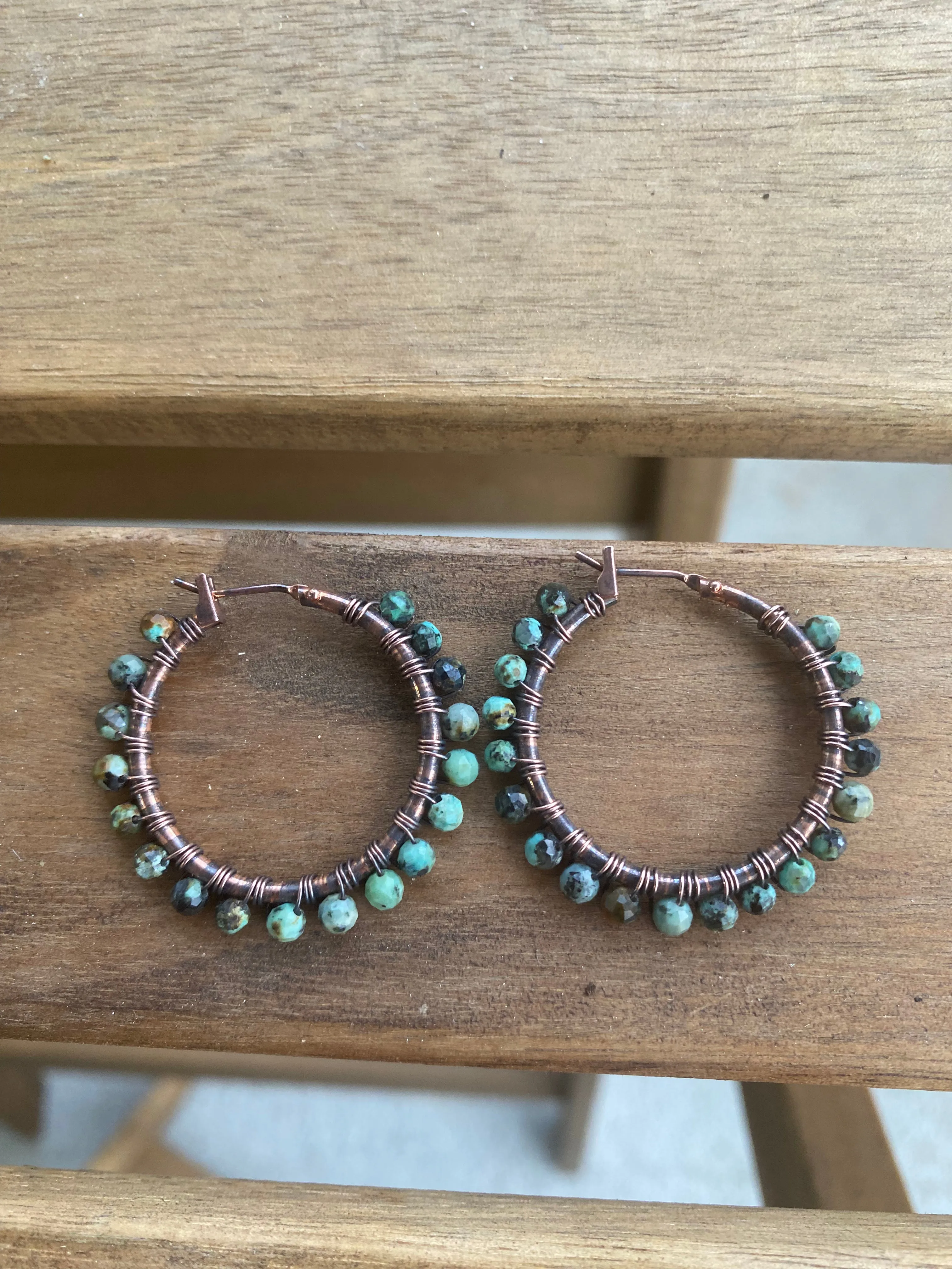 African turquoise stone, copper metal hoops, wire wrapped, earrings