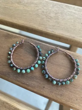 African turquoise stone, copper metal hoops, wire wrapped, earrings