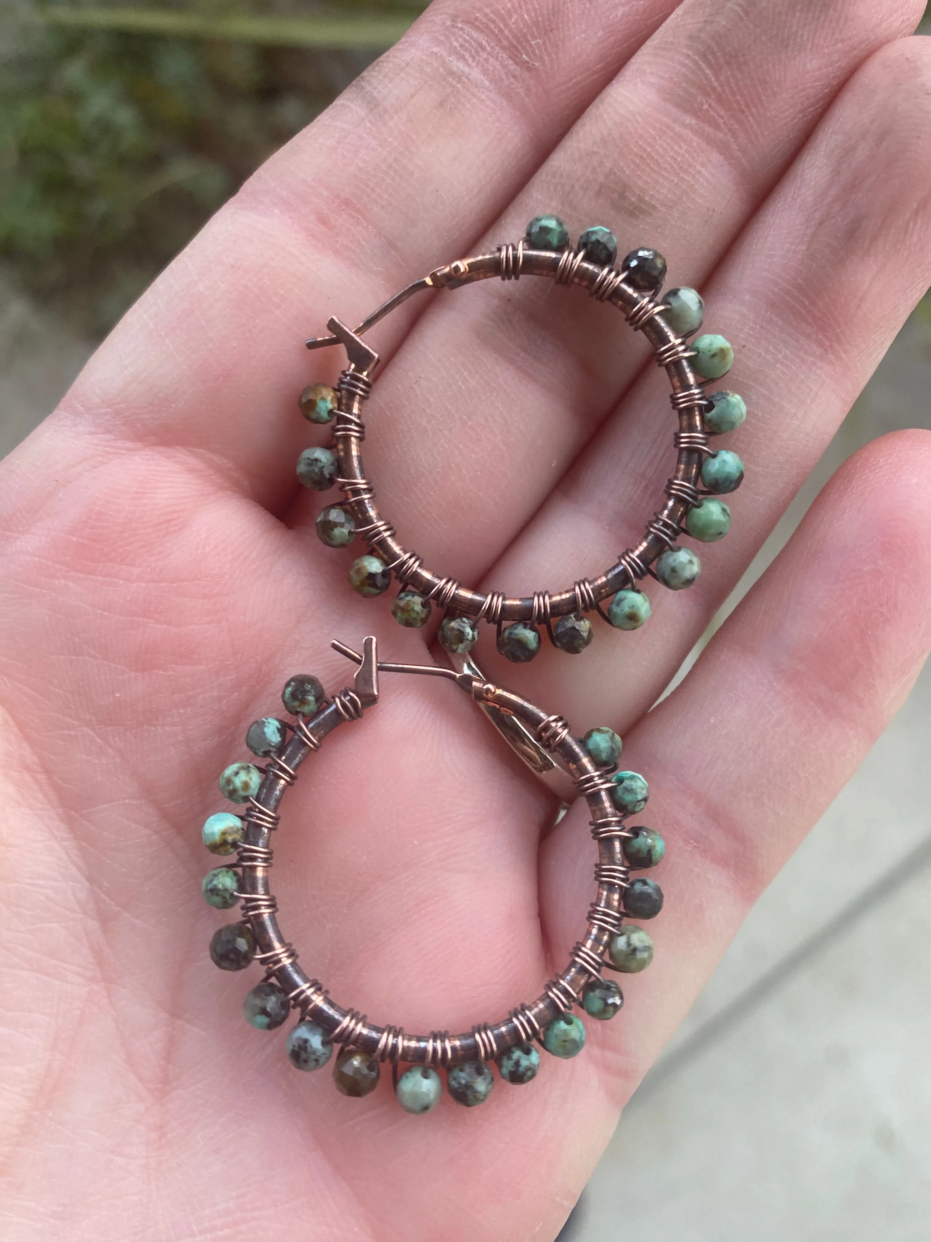 African turquoise stone, copper metal hoops, wire wrapped, earrings