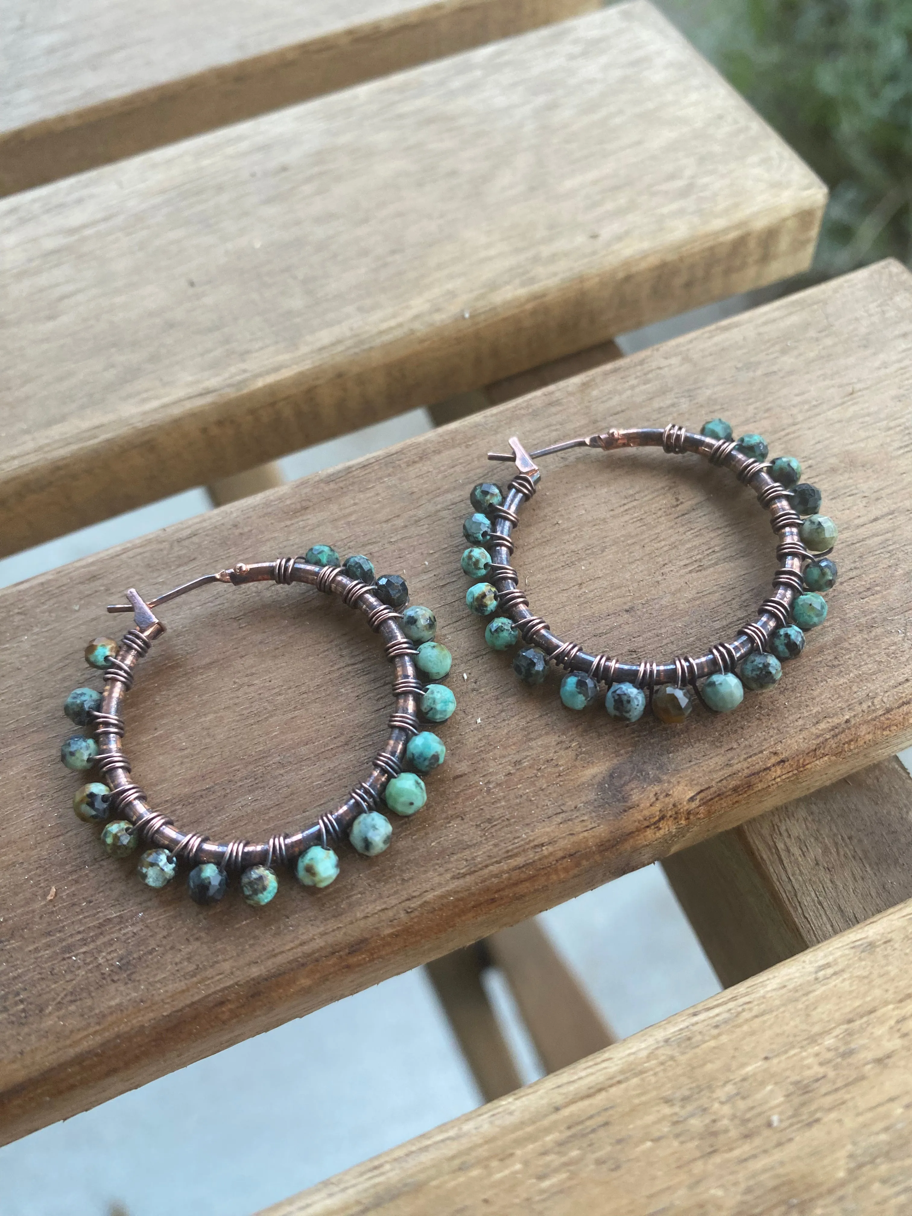 African turquoise stone, copper metal hoops, wire wrapped, earrings