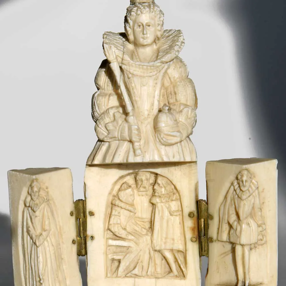 Antique Dieppe ivory triptych carving of Queen Elizabeth I