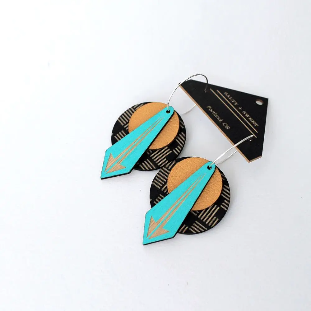 Architectural Lightweight Leather + Birch earring: Arrow