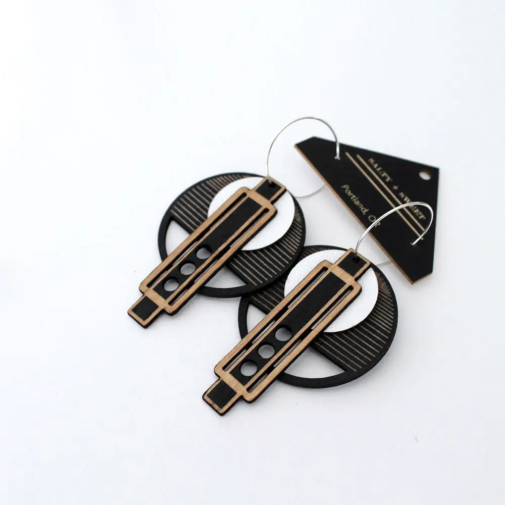 Architectural Lightweight Leather + Birch earring: Wright