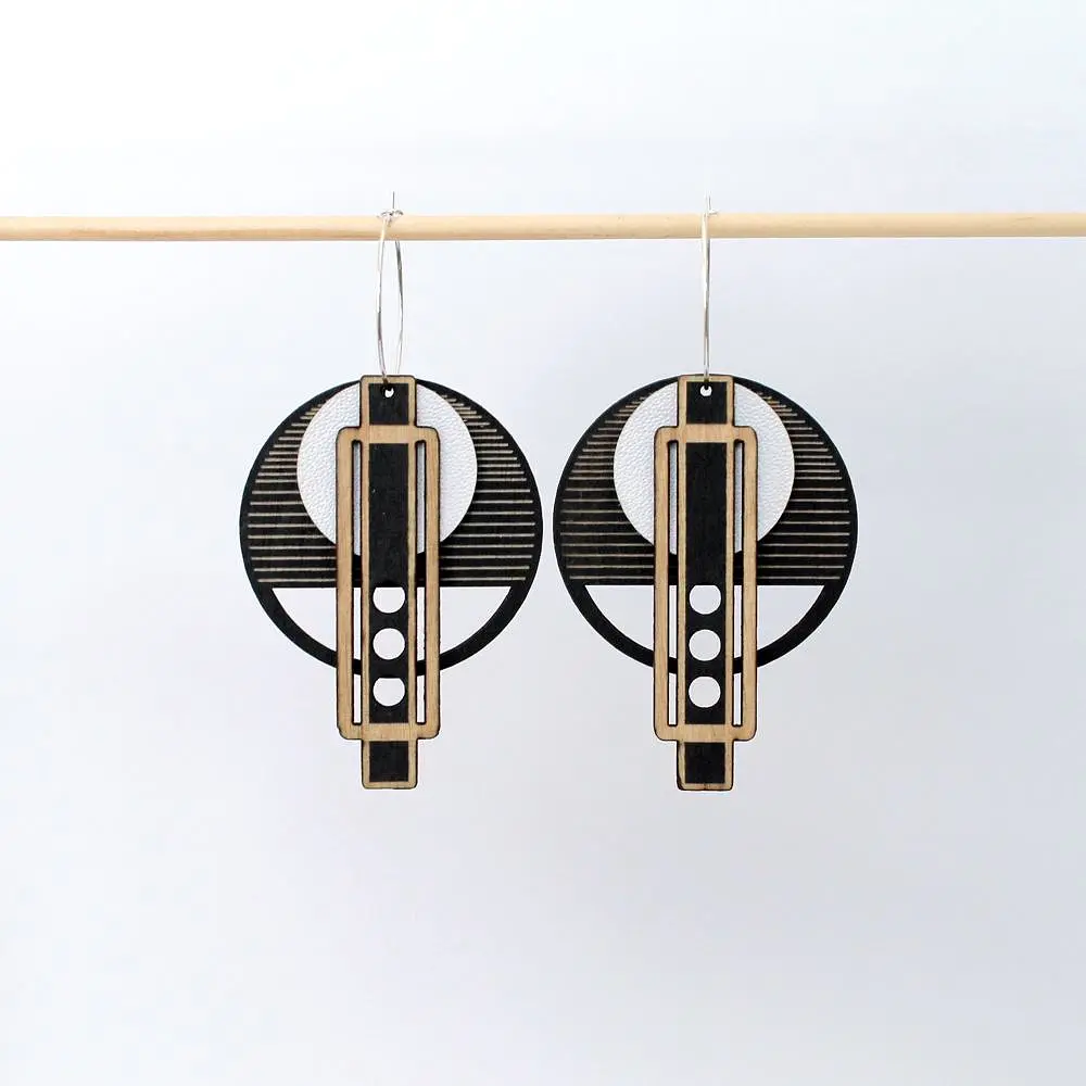 Architectural Lightweight Leather + Birch earring: Wright