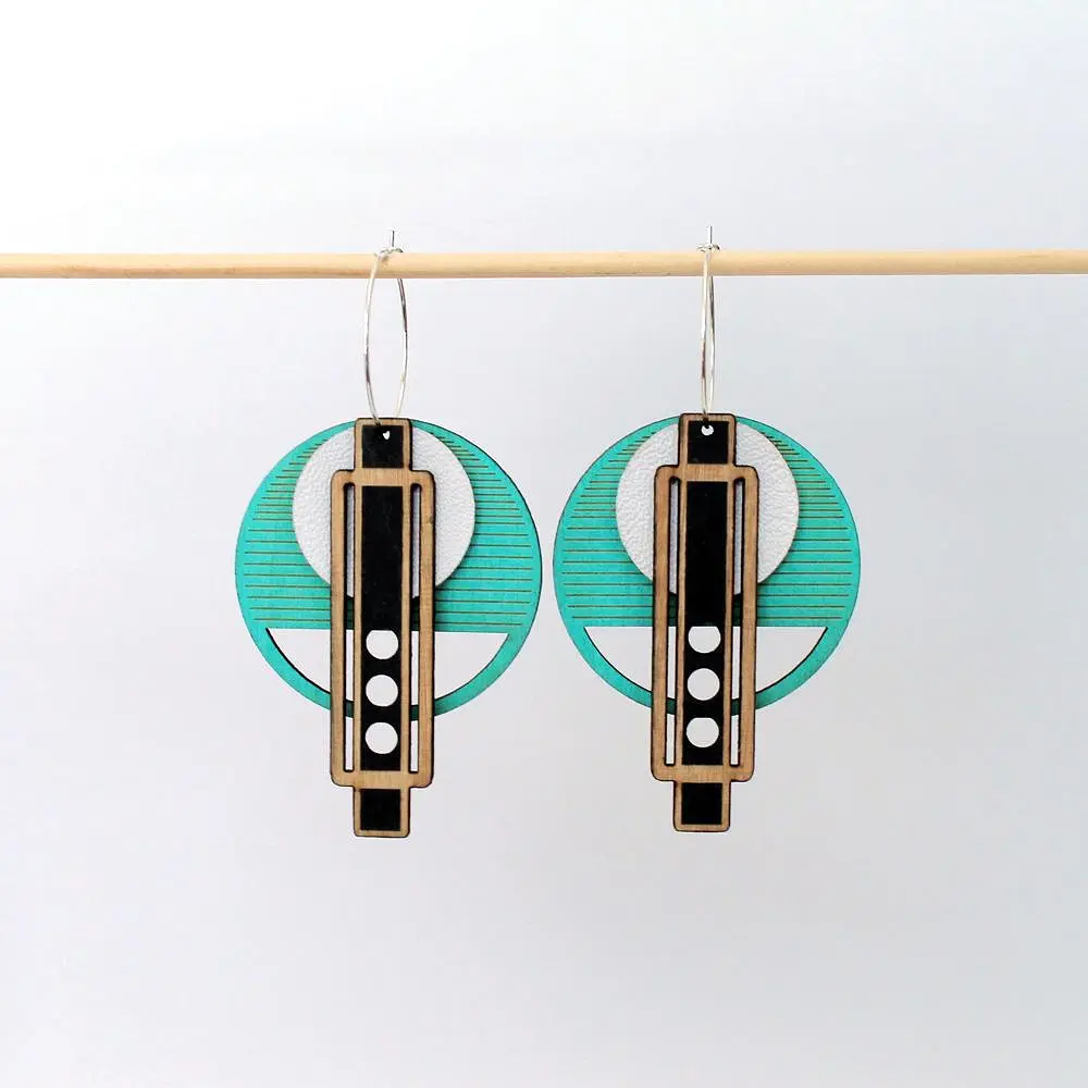 Architectural Lightweight Leather + Birch earring: Wright