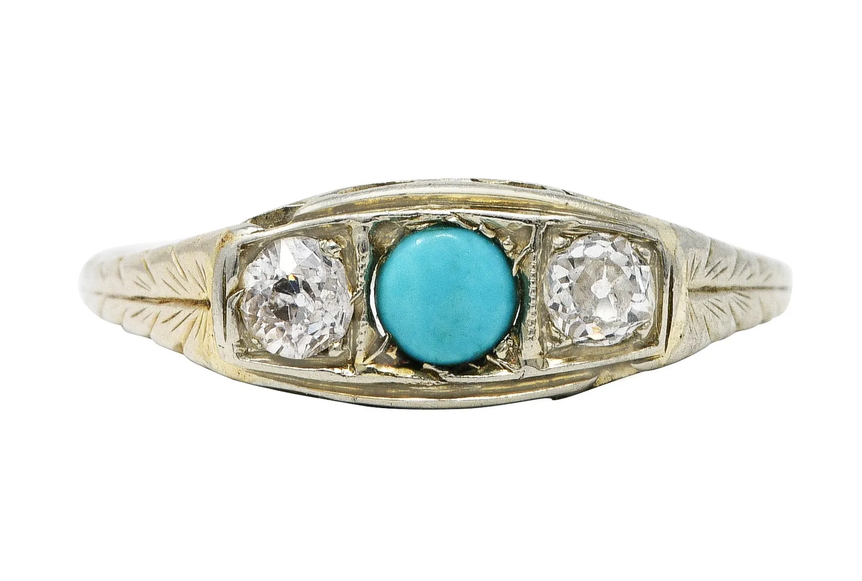 Art Deco Diamond Turquoise 14 Karat White Gold Three Stone Ring