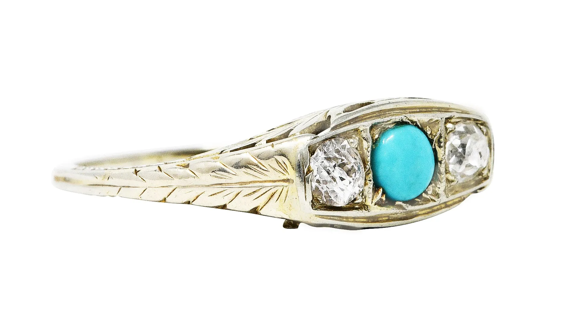 Art Deco Diamond Turquoise 14 Karat White Gold Three Stone Ring