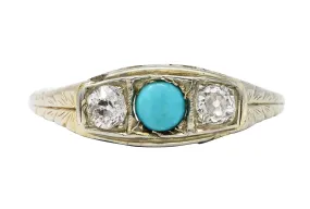 Art Deco Diamond Turquoise 14 Karat White Gold Three Stone Ring