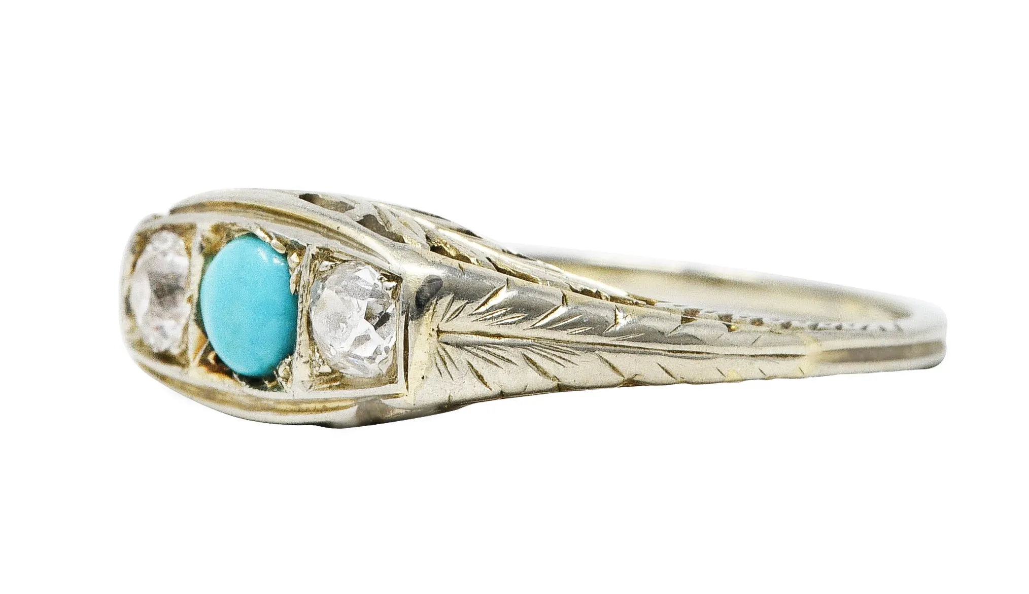 Art Deco Diamond Turquoise 14 Karat White Gold Three Stone Ring