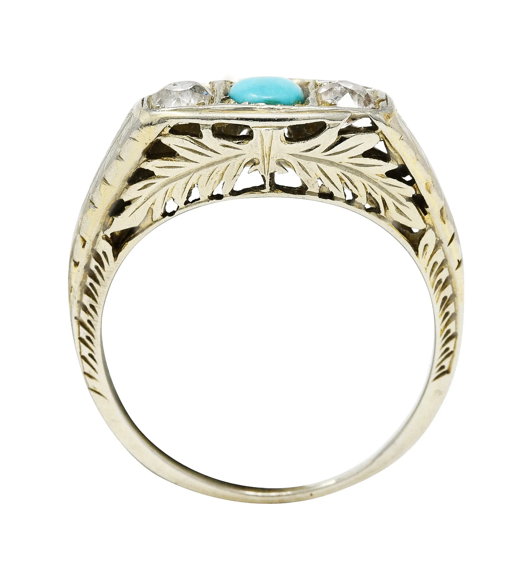 Art Deco Diamond Turquoise 14 Karat White Gold Three Stone Ring