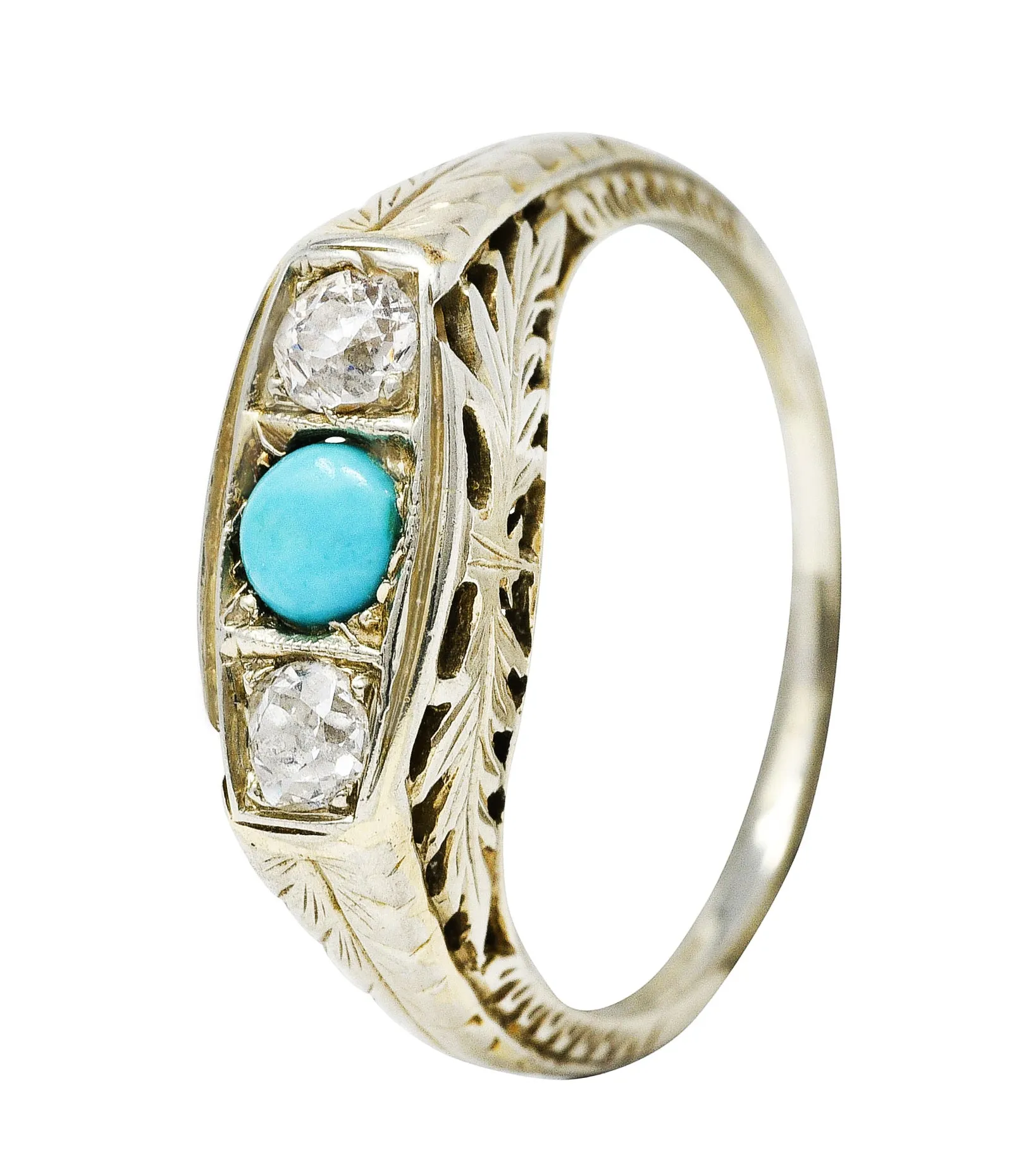 Art Deco Diamond Turquoise 14 Karat White Gold Three Stone Ring