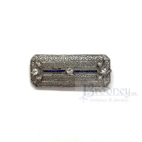 Art Deco Platinum 14 Kt Gold Diamond and Sapphire Filigree Pin